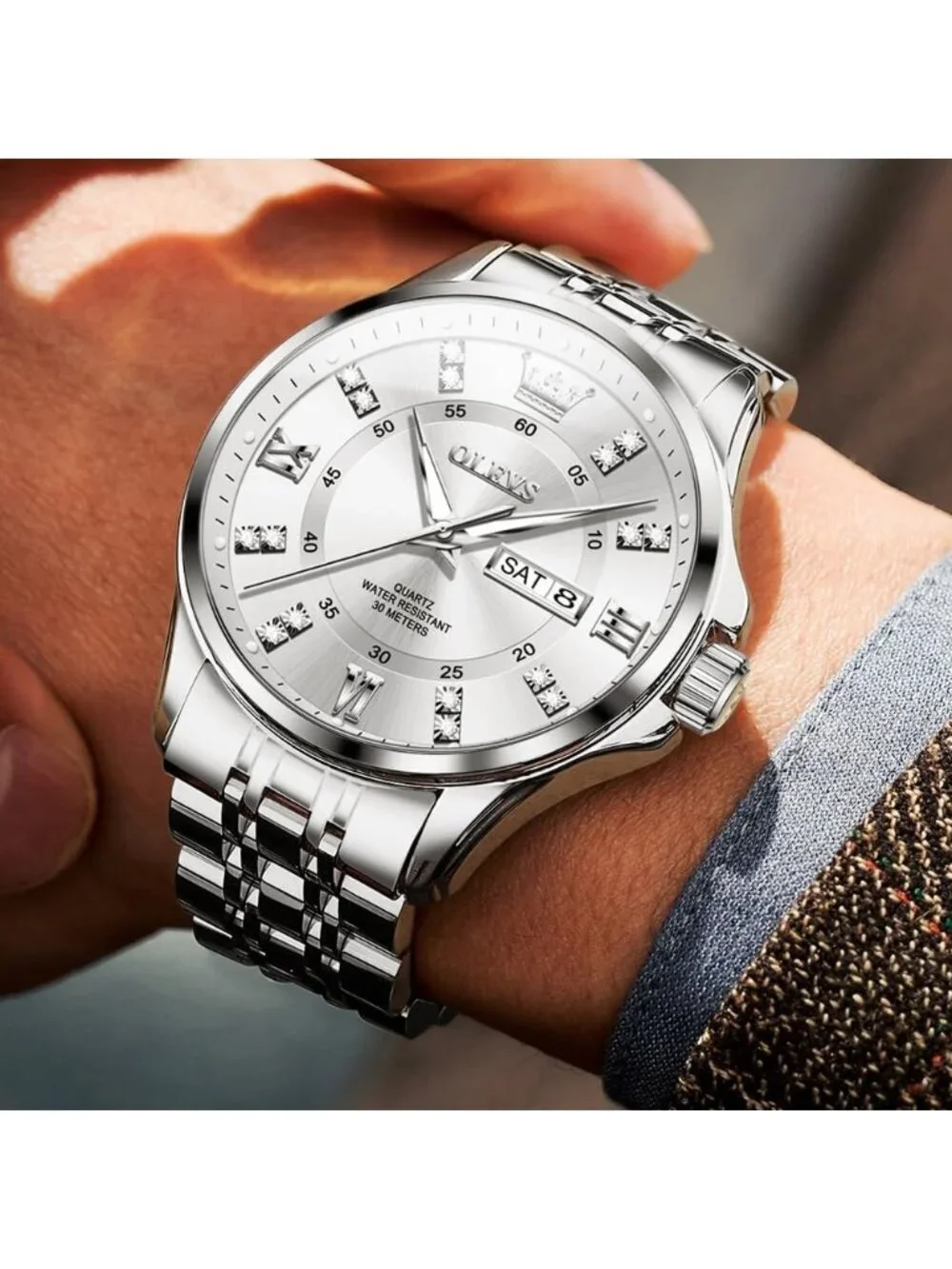 Men's Silver Diamond Stainless Steel Waterproof Luminous Analog Luxury Watch